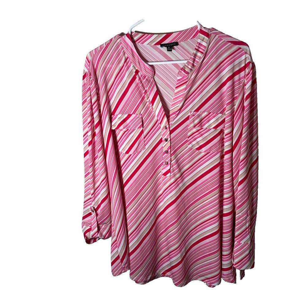 Ava & Grace Blouse Women's XL Pink Brown Printed V-Neck Popover 3/4 Sleeve Top